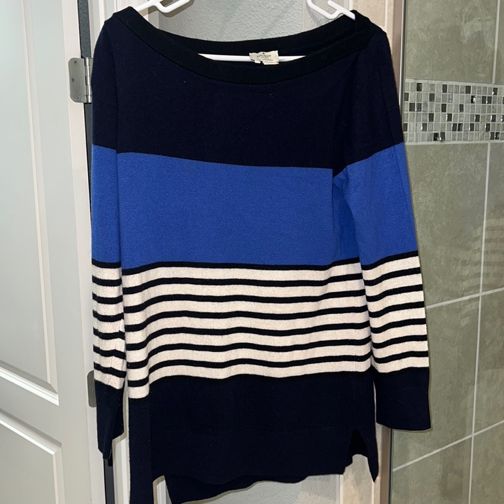Kate Spade 3/4 length Boatneck Blue Stripped Wool Sweater Size Large